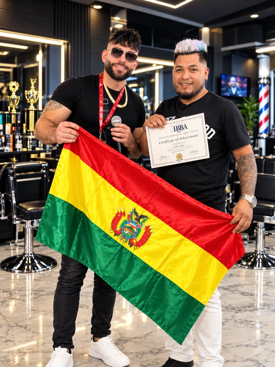Pako and a fellow barber holding the Bolivian flag and a barbering certificate